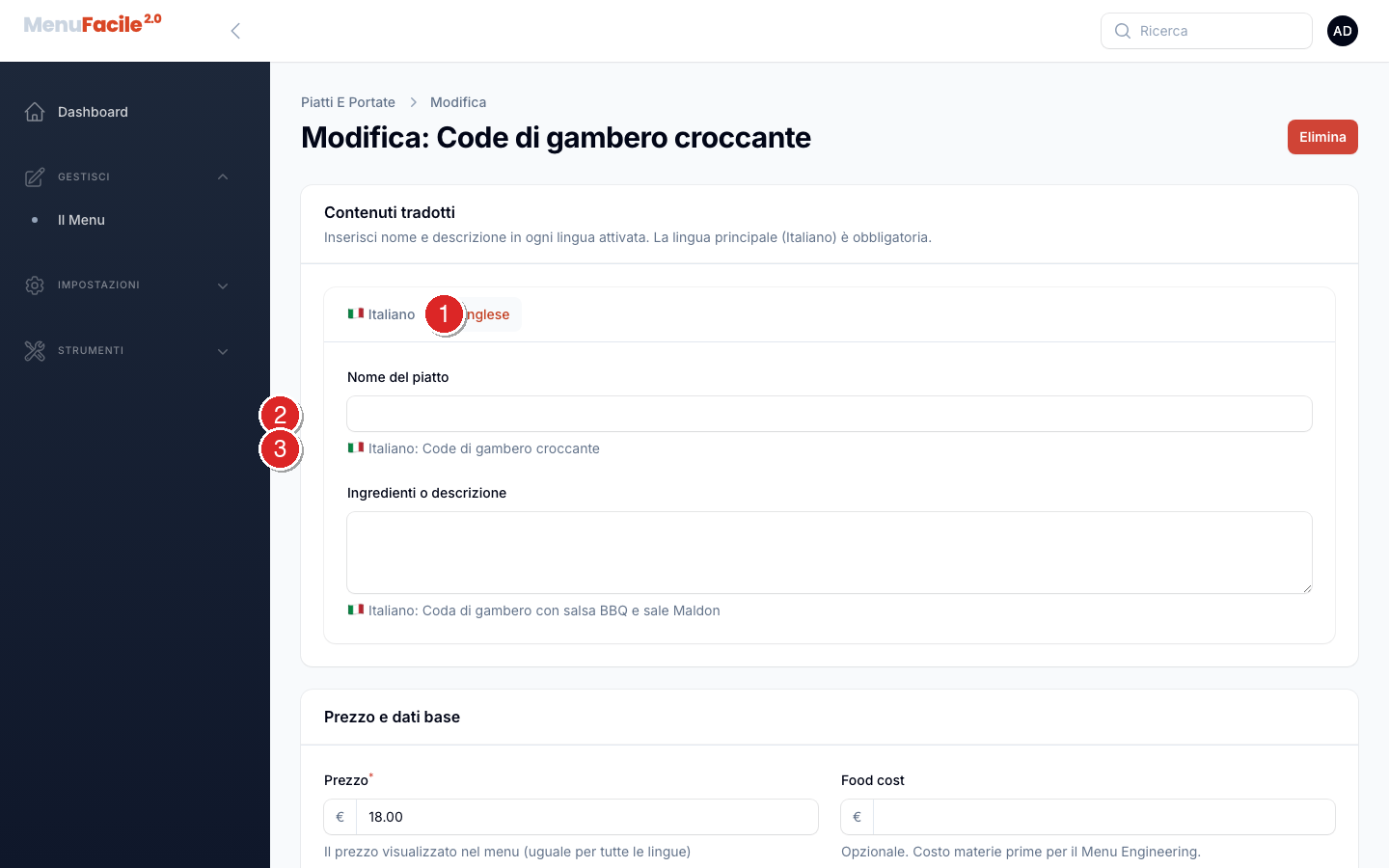 Tab Inglese aperto, campi vuoti con hint del valore italiano