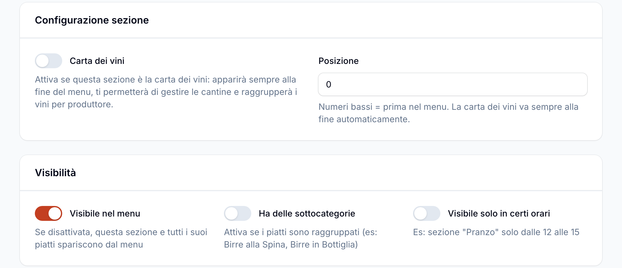 Configurazione e Visibilità della sezione