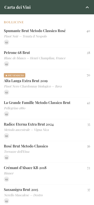 Carta dei vini sul menu pubblico